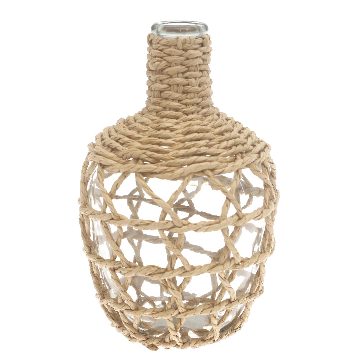 Transparent Glass Vase with Handwoven Natural Fiber Detailing – 10 Inch Height