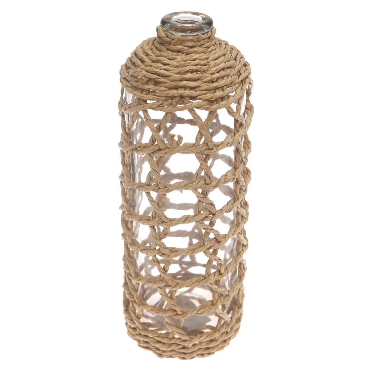 Transparent Glass Vase with Handwoven Natural Fiber Wrap – 13 Inch Height