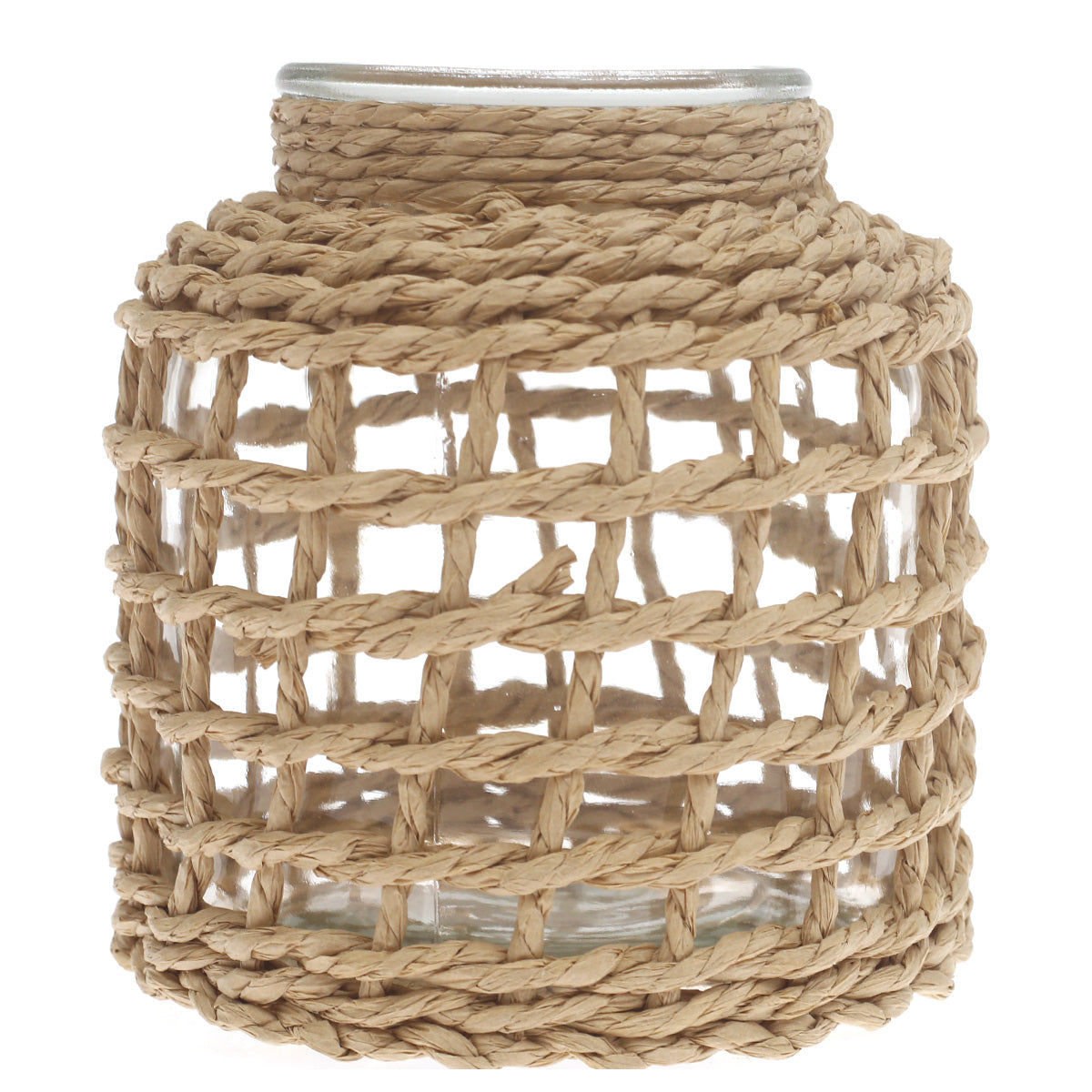 Transparent Glass Vase with Handwoven Natural Fiber Wrap – 6.5 Inch Height
