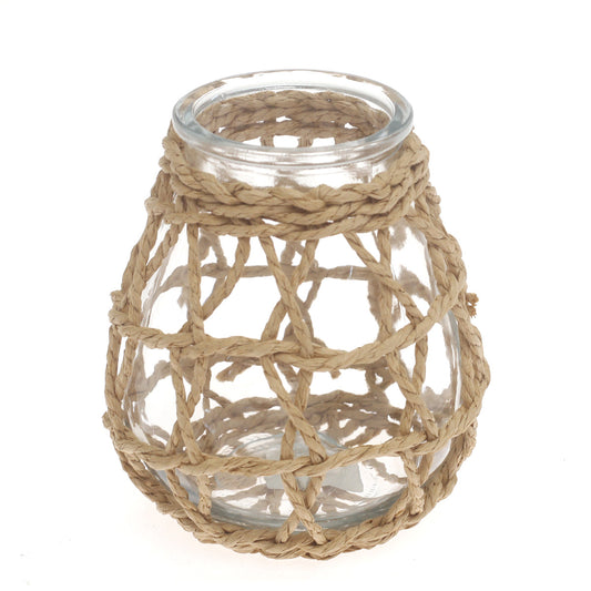 Transparent Glass Vase with Handwoven Natural Fiber Wrap – 7 Inch Height