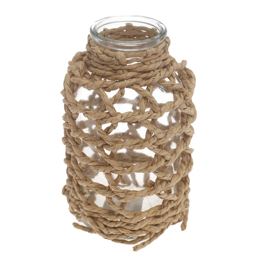 Transparent Glass Vase with Handwoven Natural Fiber Wrap – 8 Inch Height