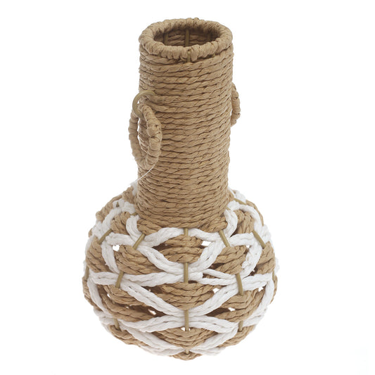 White & Natural Handwoven Decorative Vase with Rope Detailing – 10 Inch Height