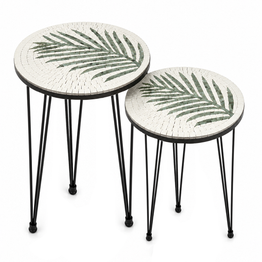 Smart Nesting Decorative Tables – White & Green Palm Leaf Design, Set of 2 – MBQ-DTS-008