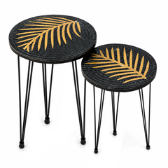 Smart Nesting Decorative Tables – Black & Gold Leaf Design, Set of 2 – MBQ-DTS-009