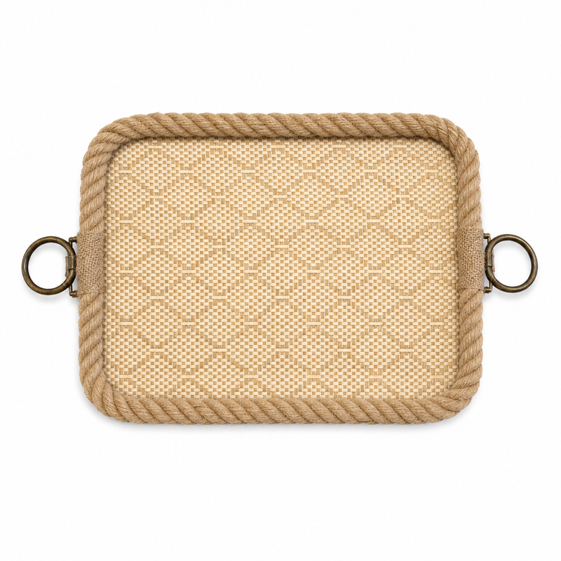 Rectangular Brown Woven Serving Tray with Rope Border – Large