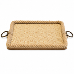 Rectangular Brown Woven Serving Tray with Rope Border – Large