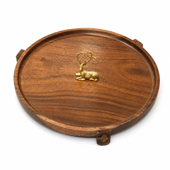 Round Wooden Standing Platter with Gold Deer Accent