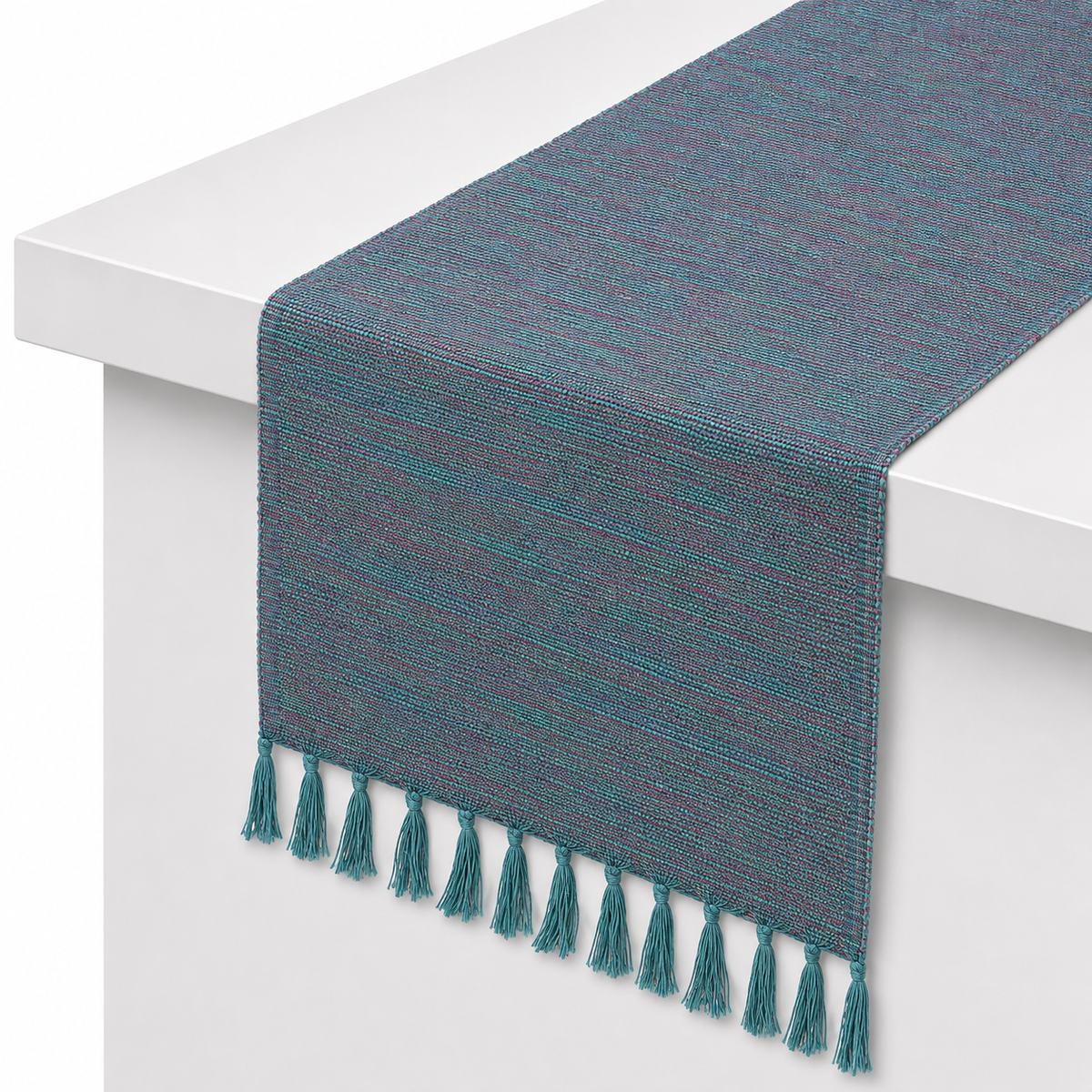Green Textures Table Runner 14x45" – Woven Tassel Dining Table Runner