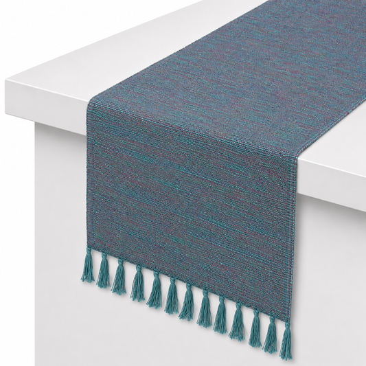 Green Textures Table Runner 14x45" – Woven Tassel Dining Table Runner