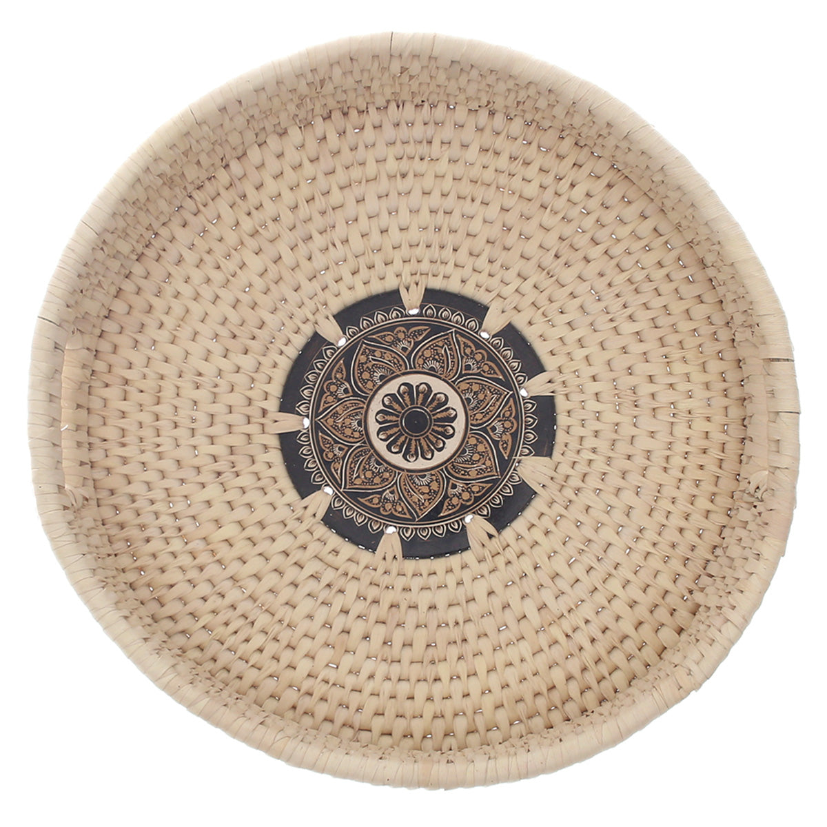 Handwoven Round Basket with Mandala Design – Natural Storage & Serving Tray (2.5x14 in)