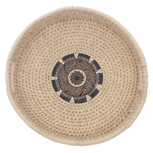 Handwoven Round Basket with Mandala Design – Natural Storage & Serving Tray (2.5x14 in)