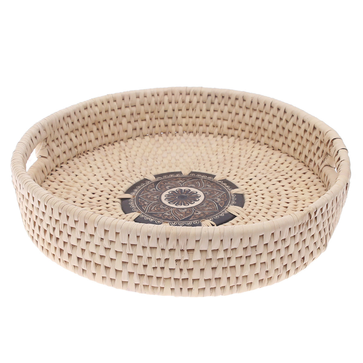 Handwoven Round Basket with Mandala Design – Natural Storage & Serving Tray (2.5x14 in)