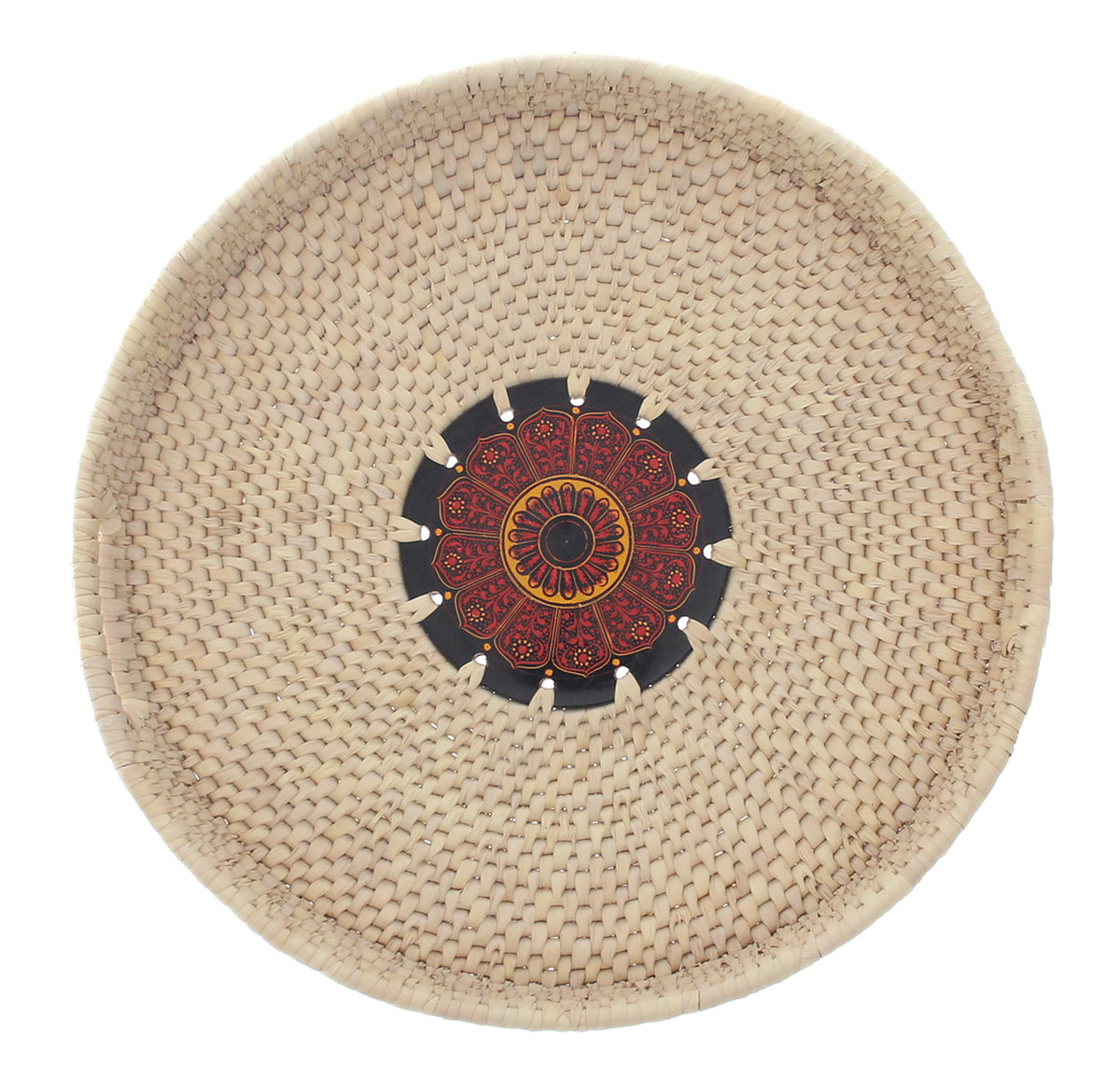 Handwoven Round Basket with Red Mandala Design – Natural Storage & Serving Tray (2.5x14 in)