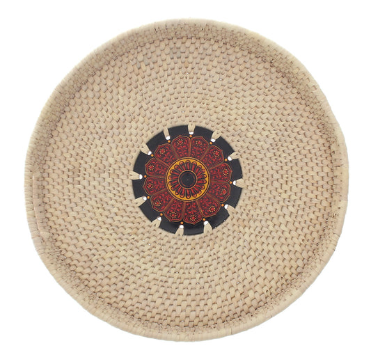 Handwoven Round Basket with Red Mandala Design – Natural Storage & Serving Tray (2.5x14 in)