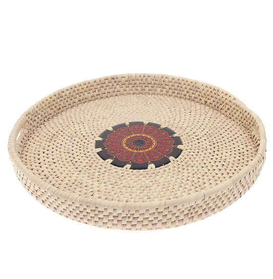 Handwoven Round Basket with Red Mandala Design – Natural Storage & Serving Tray (2.5x14 in)