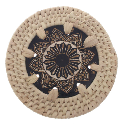 Handwoven Coaster with Black & Gold Mandala Design – Set of 6 (UC-B-40)