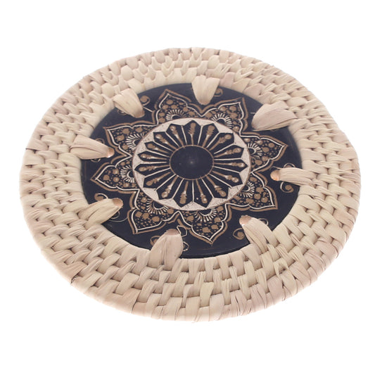 Handwoven Coaster with Black & Gold Mandala Design – Set of 6 (UC-B-40)