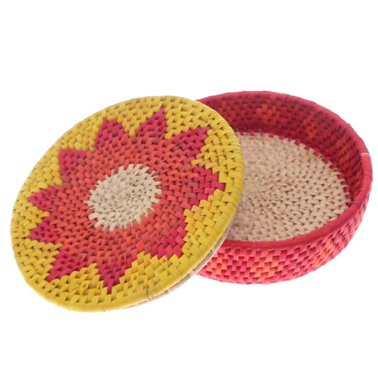 Handwoven Hotpot Basket with Lid – Yellow, Orange & Pink Floral Design (3x10 in, UC-B-02)