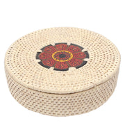 Handwoven Roti Basket with Lid – Red Mandala Design (3x10 in, UC-B-28) - Habitt