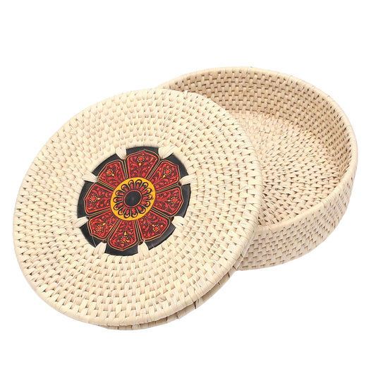 Handwoven Roti Basket with Lid – Red Mandala Design (3x10 in, UC-B-28)