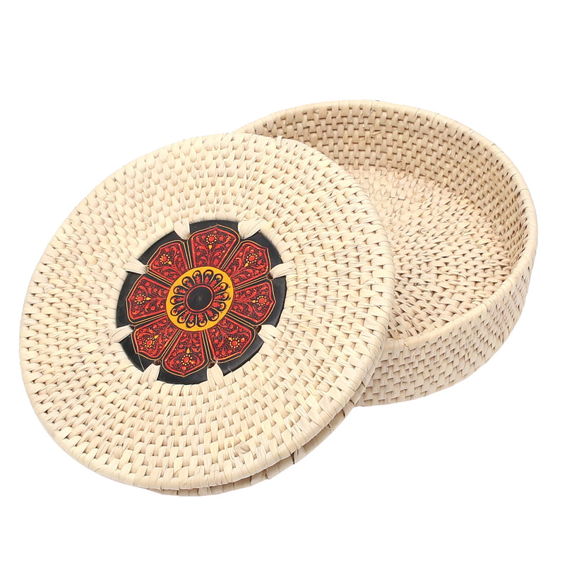 Handwoven Roti Basket with Lid – Red Mandala Design (3x10 in, UC-B-28) - Habitt