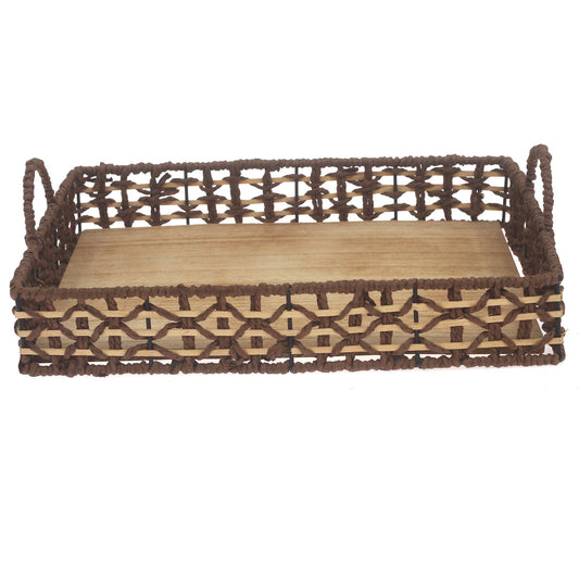 Large Handwoven Brown Decorative Tray with Wooden Base & Handles – 12 x 16 Inch