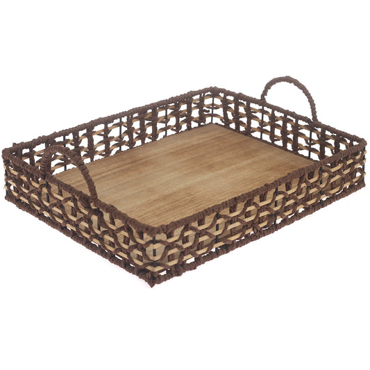 Large Handwoven Brown Decorative Tray with Wooden Base & Handles – 12 x 16 Inch