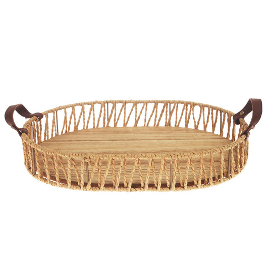 Large Handwoven Natural Decorative Tray with Wooden Base & Leather Handles – 12 x 16 Inch