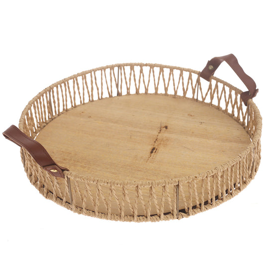 Large Handwoven Natural Decorative Tray with Wooden Base & Leather Handles – 13 Inch