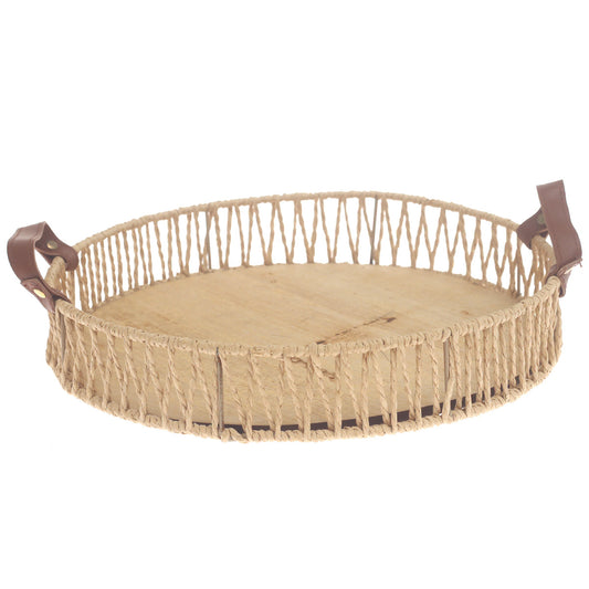 Large Handwoven Natural Decorative Tray with Wooden Base & Leather Handles – 13 Inch