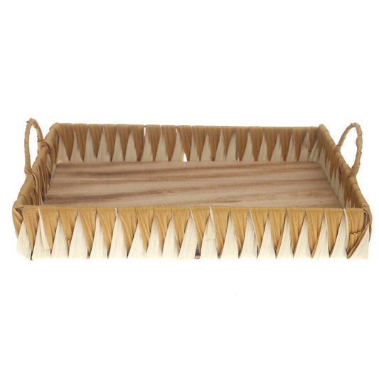 Large Handwoven White & Yellow Decorative Tray with Wooden Base – 12 x 16 Inch