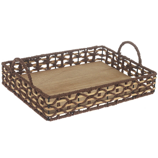 Small Handwoven Brown Decorative Tray with Wooden Base & Handles – 10 x 14 Inch