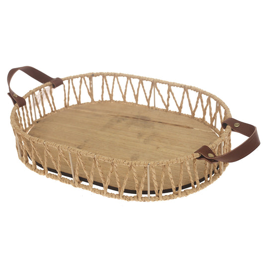 Small Handwoven Natural Decorative Tray with Wooden Base & Leather Handles – 10 x 14 Inch