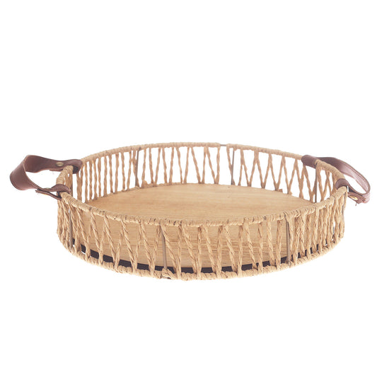 Small Handwoven Natural Decorative Tray with Wooden Base & Leather Handles – 11.5 Inch