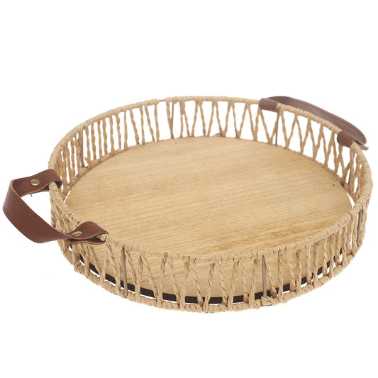 Small Handwoven Natural Decorative Tray with Wooden Base & Leather Handles – 11.5 Inch