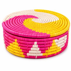 Handwoven Hotpot Basket with Lid – Yellow, Beige & Pink | 3x10 | UC-B-04 SB