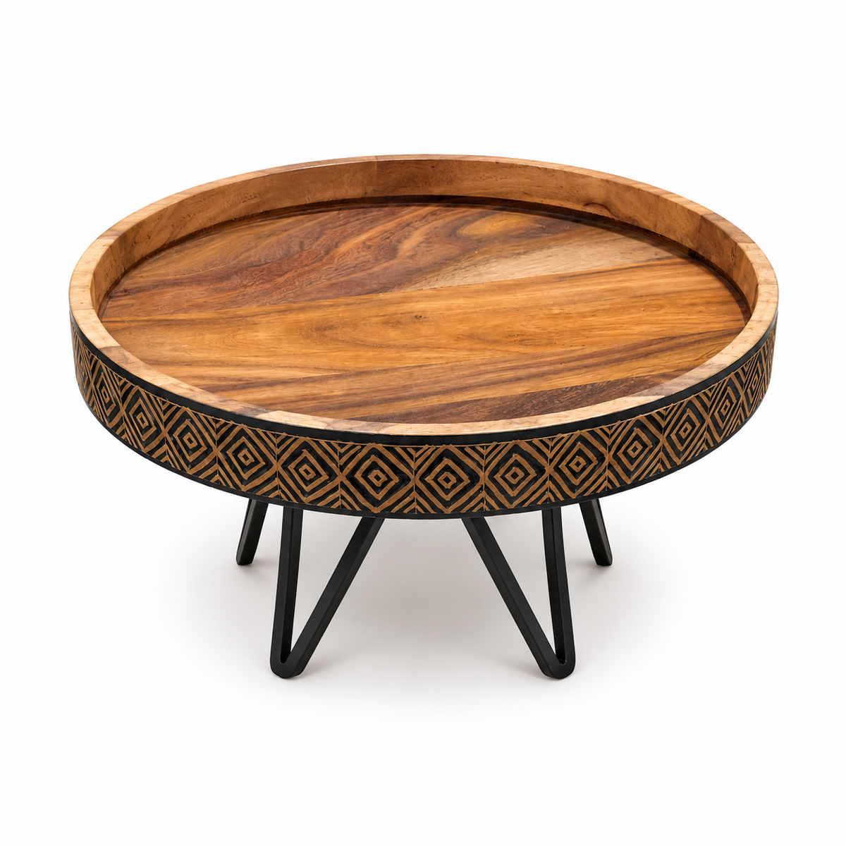 Naqshi Wooden Flat Plate with Black Metal Stand – Decorative Round Display Plate