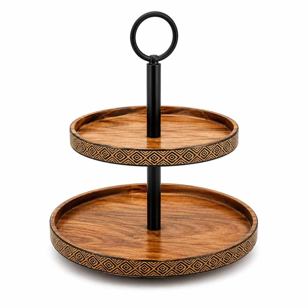 Two-Tier Wooden Serving Plate with Black Metal Stand