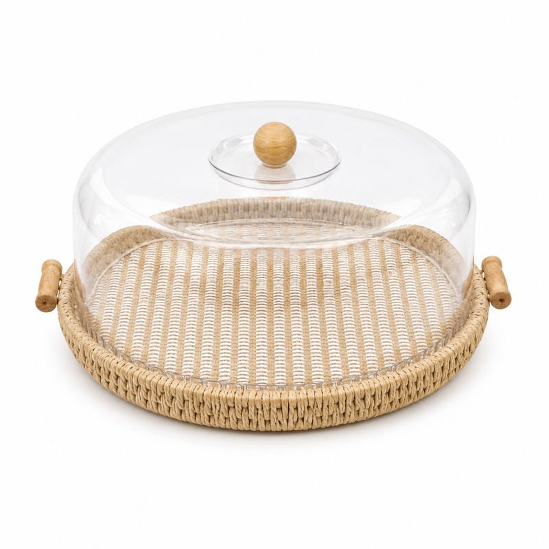 Round Brown Cake Dish with Clear Dome Cover & Woven Base – Small