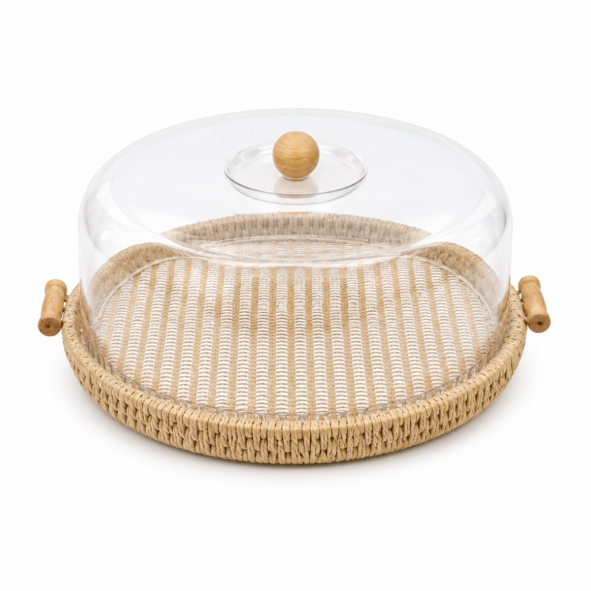 Round Brown Cake Dish with Clear Dome Cover & Woven Base – Small