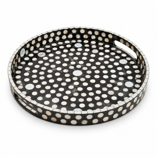 Mother of Pearl Round Platter – Black & White Dot Design | Small & Medium