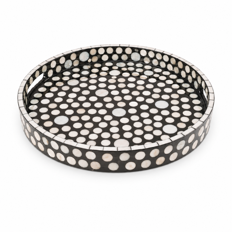 Mother of Pearl Round Platter – Black & White Dot Design | Small & Medium