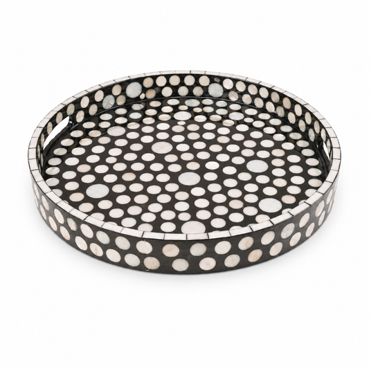 Mother of Pearl Round Platter – Black & White Dot Design | Small & Medium