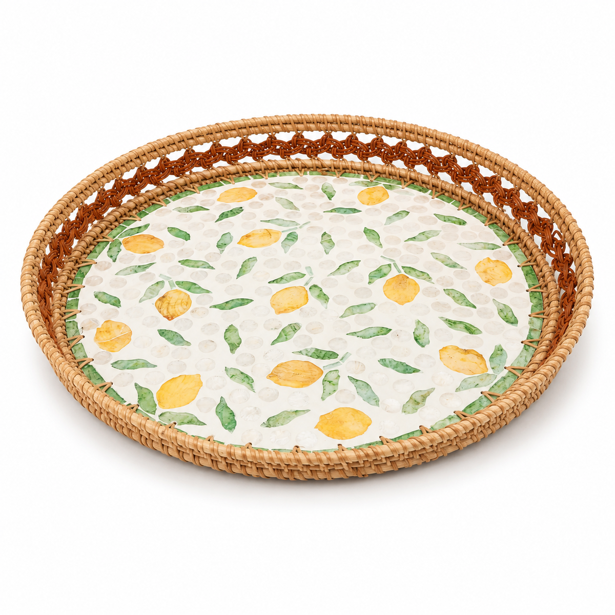 Round Mother of Pearl Tray with Woven Rattan Frame – Lemon Design