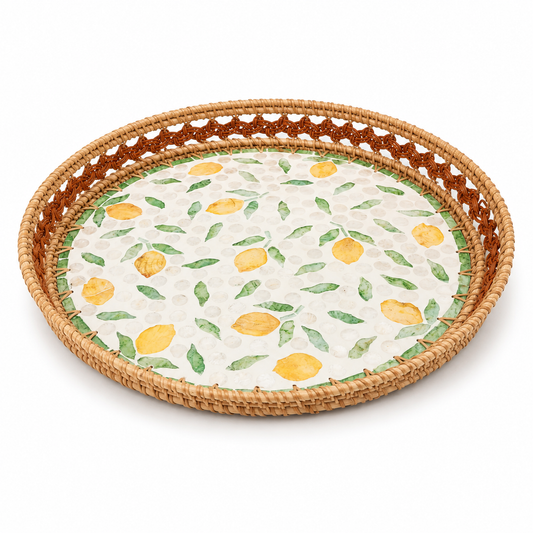 Round Mother of Pearl Tray with Woven Rattan Frame – Lemon Design