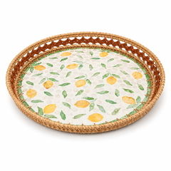 Round Mother of Pearl Tray with Woven Rattan Frame – Lemon Design