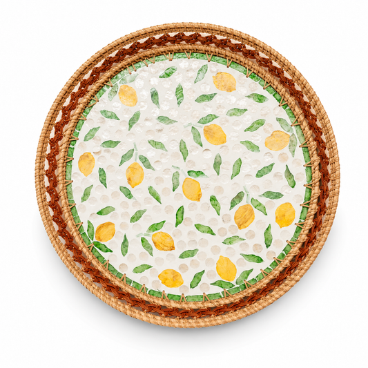 Round Mother of Pearl Tray with Woven Rattan Frame – Lemon Design