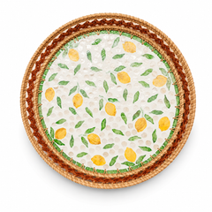 Round Mother of Pearl Tray with Woven Rattan Frame – Lemon Design