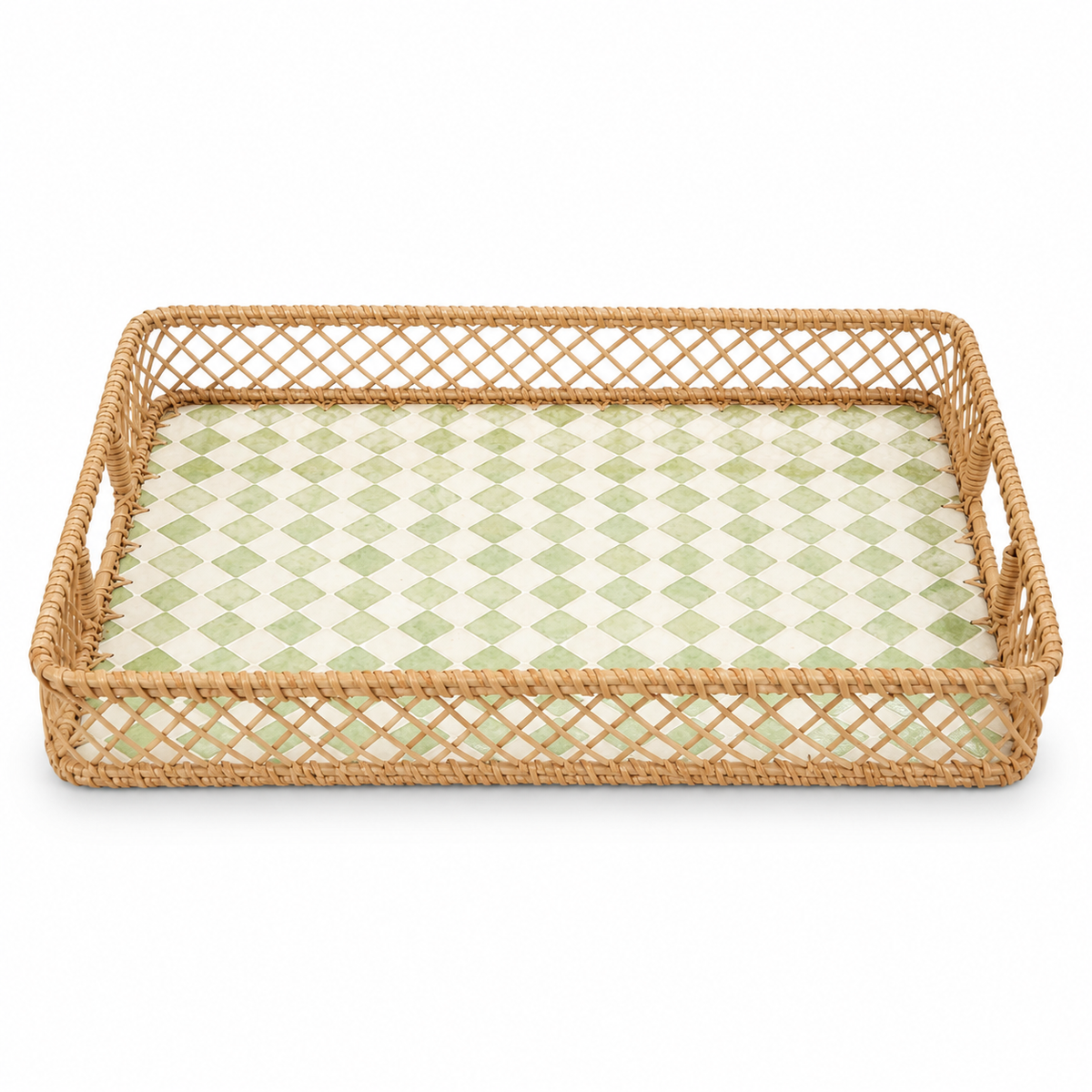 Large Mother of Pearl Decorative Tray with Woven Rattan Frame