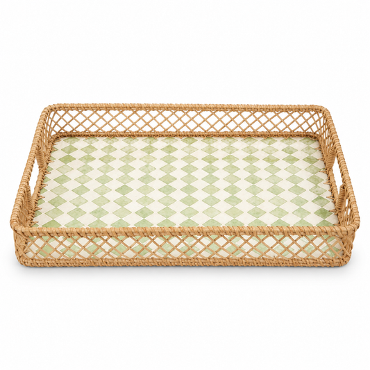 Large Mother of Pearl Decorative Tray with Woven Rattan Frame